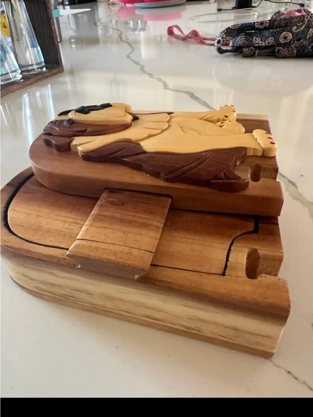 Handcrafted Wooden Dog Puzzle Box - Natural & Dark Wood